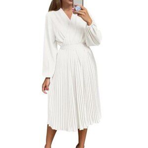 New Women's Puff Sleeve Wrap V-Neck Midi Dress with‎ Ruffles and Pleats , White